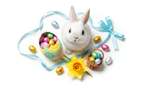 Easter bunny surrounded by colorful eggs and flowers on white background
