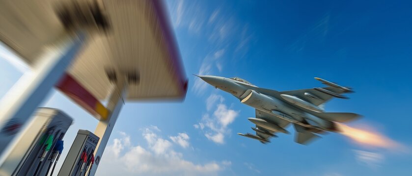 A moving fighter jet and fuel pumps blend with the blue sky.