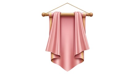 A pink banner hanging from a wooden rod with a white background
