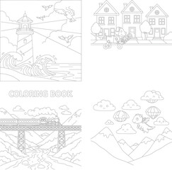 Obraz premium Airplane flying over tropical island with palm trees, outline art, coloring page, line art, black and white