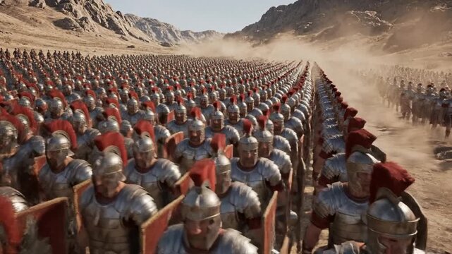 Roman legionaries march in formation across a dusty desert landscape, showcasing ancient military might and discipline.