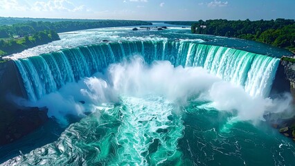 Fototapeta premium ナイアガラの滝 空撮 壮大な馬蹄形の曲線と水煙 背景素材 ネイチャーテクスチャ Niagara Falls Aerial View Majestic Horseshoe Curve and Mist Nature Background Texture
