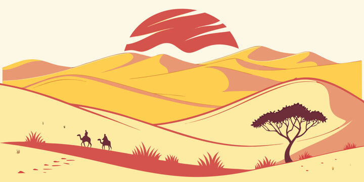 A desert landscape with a tree and two people Vector