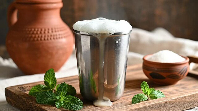 Refreshing foamy lassi overflowing a steel glass, served with mint leaves and traditional pottery for an indian vaisakhi festival.