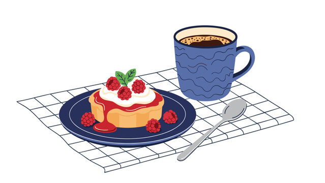 Delicious fruit tart topped with whipped cream and raspberries served next to a hot cup of coffee on a checkered tablecloth.
