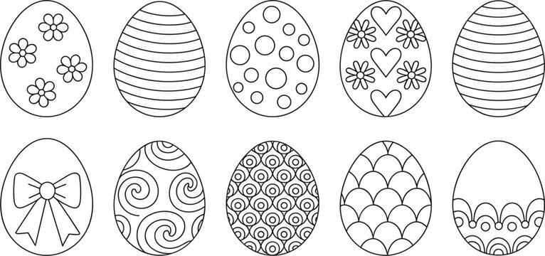 Easter egg outline vector set with floral and geometric patterns for holiday coloring book design