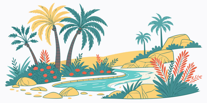 A tropical island with palm trees and a pond Vector