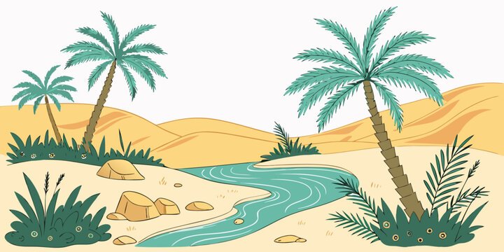 A desert oasis with palm trees and a stream Vector