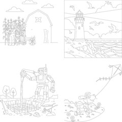 Obraz premium Children's coloring pages: country barn farm, coastal lighthouse, robot gardener, and outdoor kite flying fun, farm scene