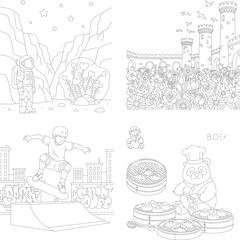 Obraz premium Houses with trees and flowers, coloring page outline, line art, black and white