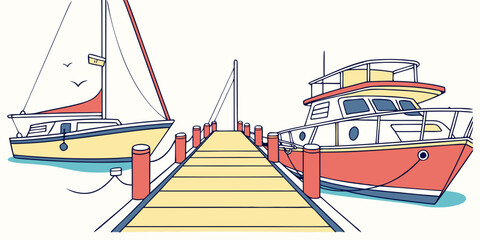 A red boat and a sailboat are docked at a pier Vector ©  MST RABEYA  BEGUM