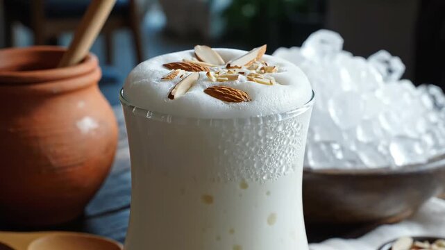 Creamy indian lassi drink garnished with almond slices, served with ice and traditional pottery for vaisakhi festival.