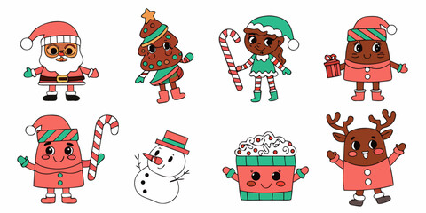 Fototapeta premium Adorable cartoon characters celebrating winter holidays with festive accessories