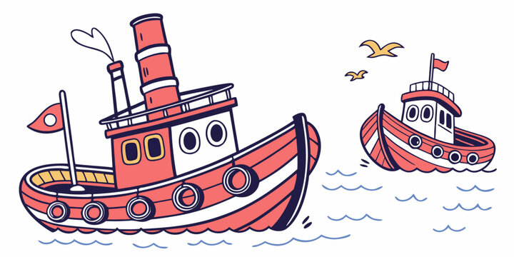Two red and white boats floating on water with seagulls flying overhead Vector