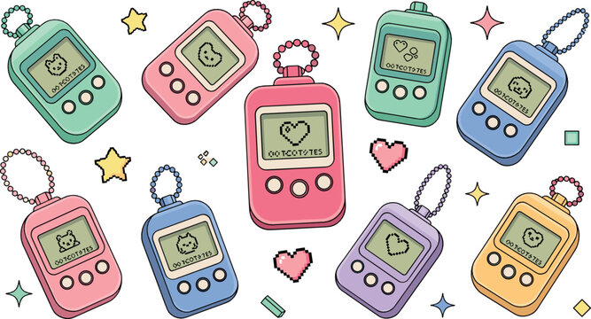 Cute retro virtual pet toy devices collection vector illustration with colorful handheld digital pets inspired by nostalgic 90s electronic games