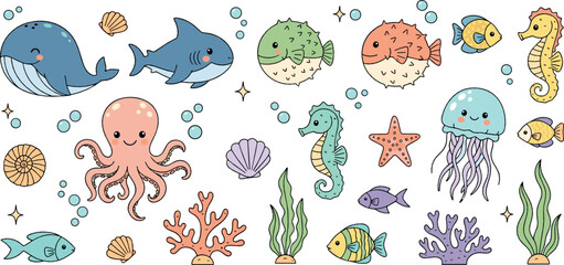 Cute Sea Animals Vector Collection with Whale Shark Octopus Jellyfish Seahorse Fish Coral Underwater Ocean Illustration Set © MdNazmul