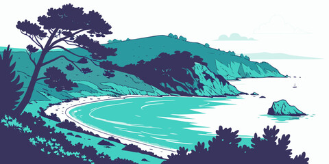 A scenic view of a bay with a tree on a hill Vector ©  MST RABEYA  BEGUM