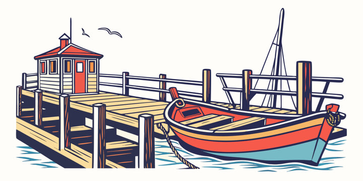 A small red and blue boat sitting on a dock Vector