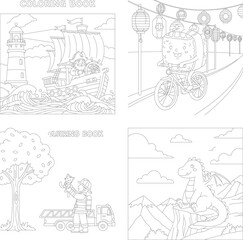 Fototapeta premium Happy pizza slice character with clouds and stars, fun food illustration for kids, line art, coloring page, food cartoon