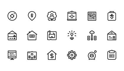 Naklejka premium A collection of black and white line icons representing various business and finance concepts on a white background
