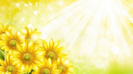 Obraz premium Sunflowers bathed in golden light against green backdrop vibrant yellow blooms illuminated by warm sunrays