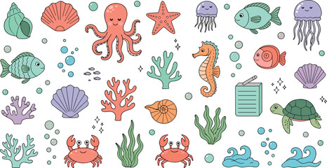 Cute underwater sea animals vector illustration set with octopus, jellyfish, fish, seahorse, crab, coral reef and marine life cartoon elements © MdNazmul