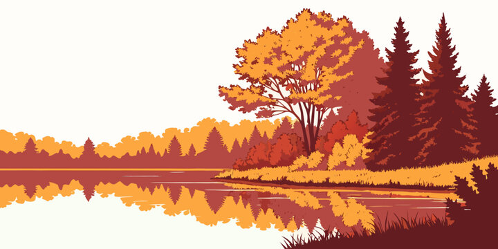 A serene lake scene with trees reflecting on the water during autumn Vector