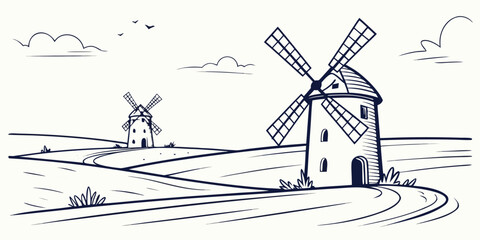 A windmill standing in a field with another windmill in the background Vector ©  MST RABEYA  BEGUM