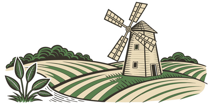A windmill standing in a field with green crops Vector
