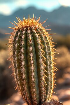 Close-up sunlit barrel cactus with glowing golden spines, rocky base and blurred desert mountains in warm serene light