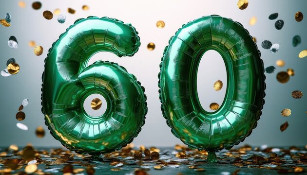 shiny green foil balloons forming the number sixty surrounded by falling gold and silver confetti on a reflective surface, festive celebratory mood