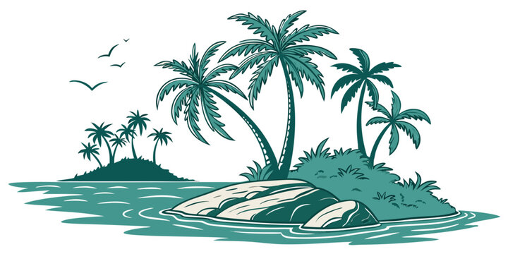 A tropical island with palm trees and birds flying overhead Vector