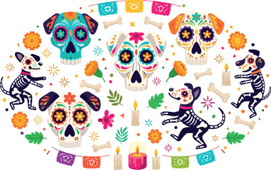 Fototapeta premium Day of the Dead dog and sugar skull circle frame vector illustration with colorful Dia de los Muertos festive decorations