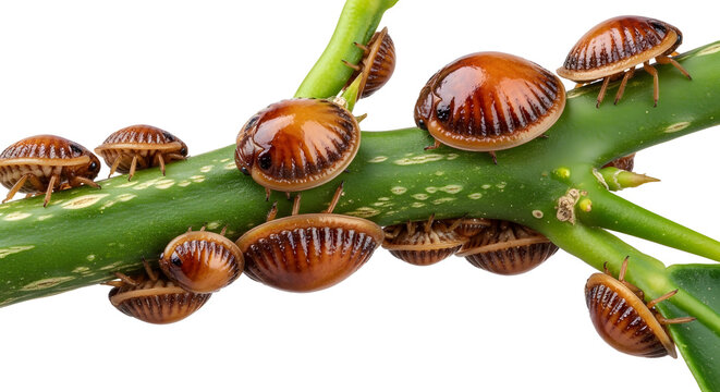 Group of brown mealybugs crawling on a green plant stem on white background