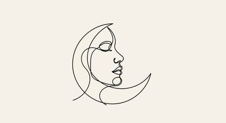 Abstract single line drawing of a woman's face superimposed on a crescent moon © punduh