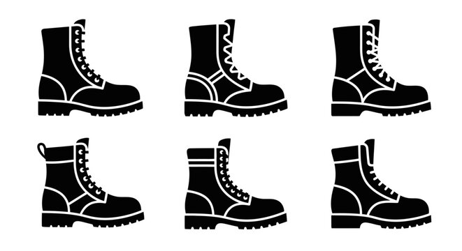 Black Combat Boots Icons Set, Military Footwear Collection