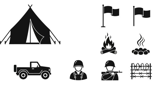 Camping Icons Set: Tent, Jeep, Soldiers, Fire, Flags, Barbed Wire
