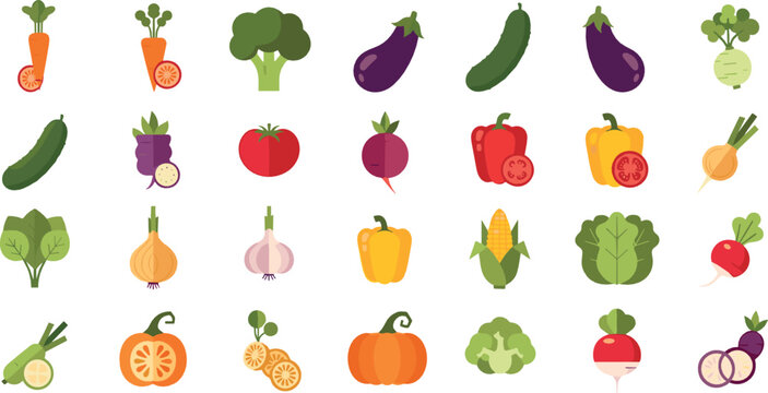 Fresh vegetable icon set vector illustration featuring carrot, tomato, eggplant, cucumber, pumpkin, corn, onion and healthy organic farm produce collection