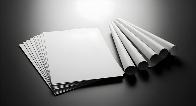 Stack of white paper sheets and rolled posters on dark background, advertising materials, blank templates, business presentation, design concept