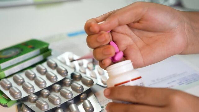 Hands opening medicine bottle with pills and blister packs