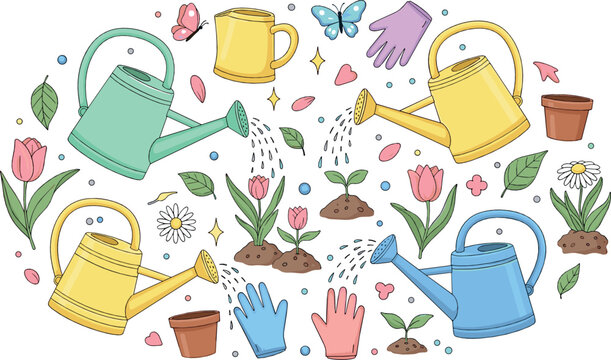 Gardening watering cans and spring flowers collection with plants, gloves and garden tools colorful nature illustration set