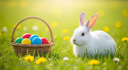 Fototapeta premium Easter Bunny with Basket in Spring Meadow