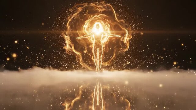 Ethereal Golden Being Ascends Amidst Cosmic Energy and Light