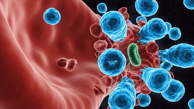 Microscopic View of Blue Cancer Cells Attacking Red Blood Cells in a Vein with a Green Bacterium Present Scientific Medical Animation