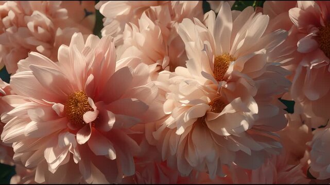 Soft pink dahlia flowers blooming in natural light with delicate petals and vibrant yellow centers