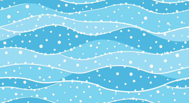 Seamless pattern of light blue ocean waves decorated with white falling snow or sea foam dots for a peaceful winter maritime theme.