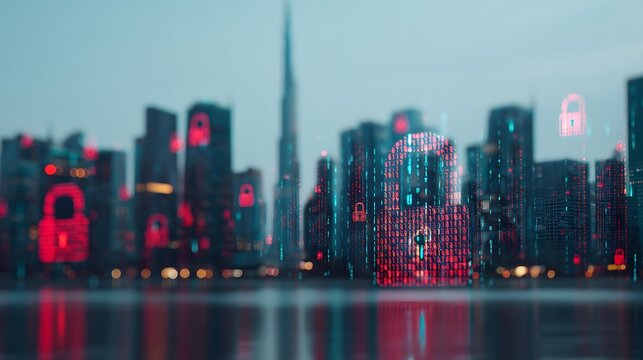 A digital lock symbol overlays a city skyline, representing cybersecurity and data protection in an urban, technology-driven environment.