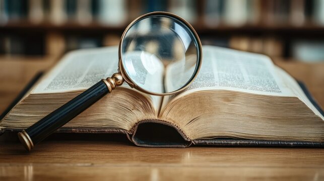 open antique book on wooden table with brass magnifying glass resting on pages, warm library background conveying curiosity, study and quiet contemplation