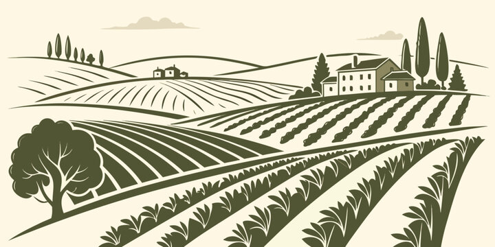 A serene vineyard landscape with rolling hills and a farmhouse Vector