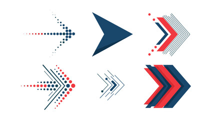 Collection of six different arrow icons in blue and red colors representing direction motion progress and technology connectivity.